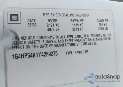 2000 Buick Lesabre Custom z USA, uszkodzony, nr VIN 1G4HP54K1Y4269275